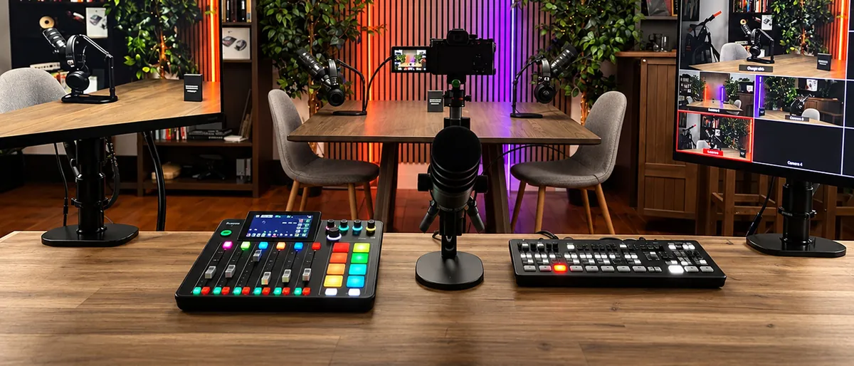 The podcast studio: two chairs at a wooden table, microphones, a mixing desk and camera monitors